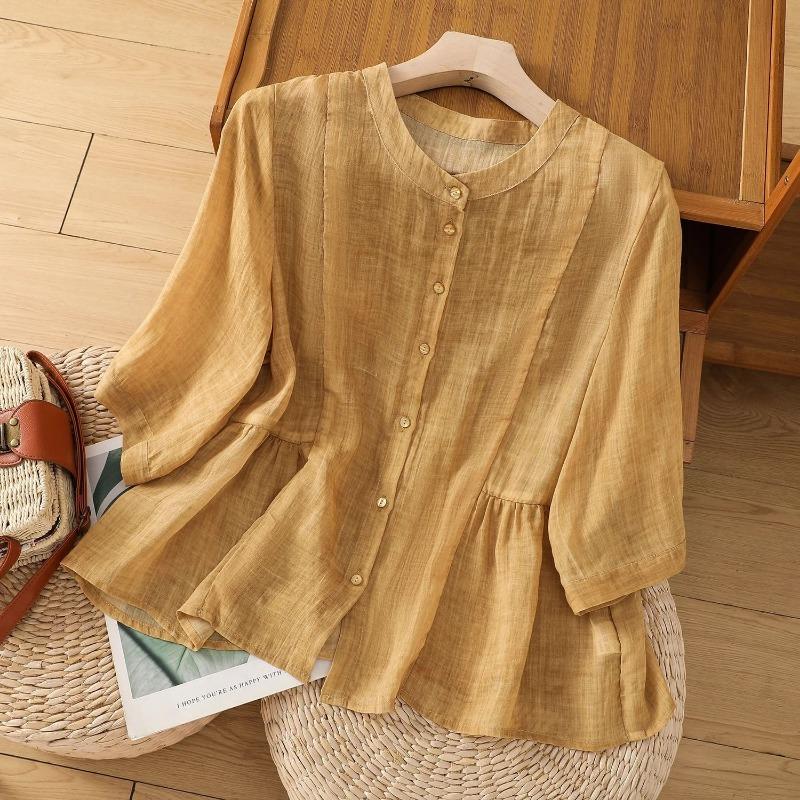 Summer Loose Large Size Appear Thin Solid Color O-neck 3/4 Sleeve Shirts Women Simplicity Office Lady Casual Tops XS жёлтый
