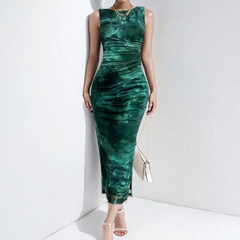 

Spring 2025 European and American Women clothes Sleeve Split Sexy Print Temperament Fashion Dress Dark green S