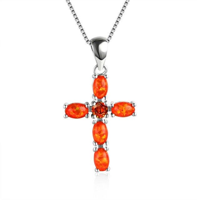 

Белый, зеленый, оранжевый опал, крест, кулон, ожерелье с камнем для женщин, винтажная модная цепочка из серебра 925 пробы, красный, синий циркон, ожерелье 45cm