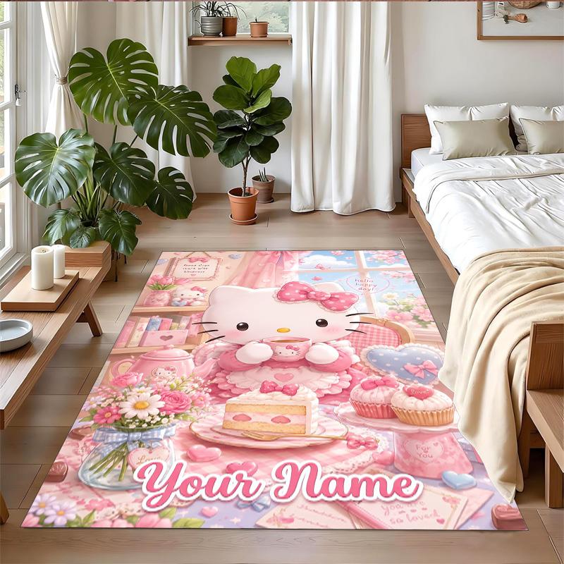 Crystal Velvet Rug Custom Name Text, Soft Non Slip Floor Mat Home DecorHello Kitty