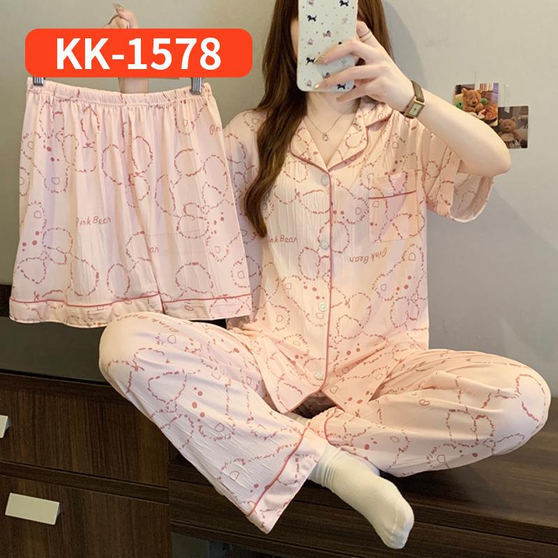 Sweet Striped Bow Print Korean Style Crinkle Pajamas Set for Women - Three-Piece, Short Sleeve Homewear.