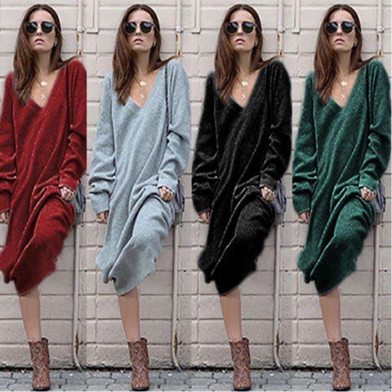 Elegant Woman Fashion V-neck Long Sleeve Winter Sweater Dress For Stylish Looks