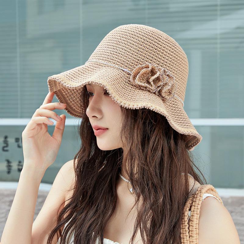 New Knitted Hat Women's Summer Thin Sun Hat Two-color Hollow Wave Hat Handmade Flower Fashionable and Elegant Bucket Hat