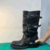 Grape Mom's Same Thick-soled Trouser Boots for Women's Autumn Niche Design Belt Buckle Western Boots Pleated Medium Tube Stacking Boots