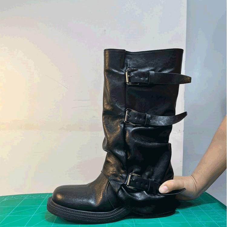 Grape Mom's Same Thick-soled Trouser Boots for Women's Autumn Niche Design Belt Buckle Western Boots Pleated Medium Tube Stacking Boots