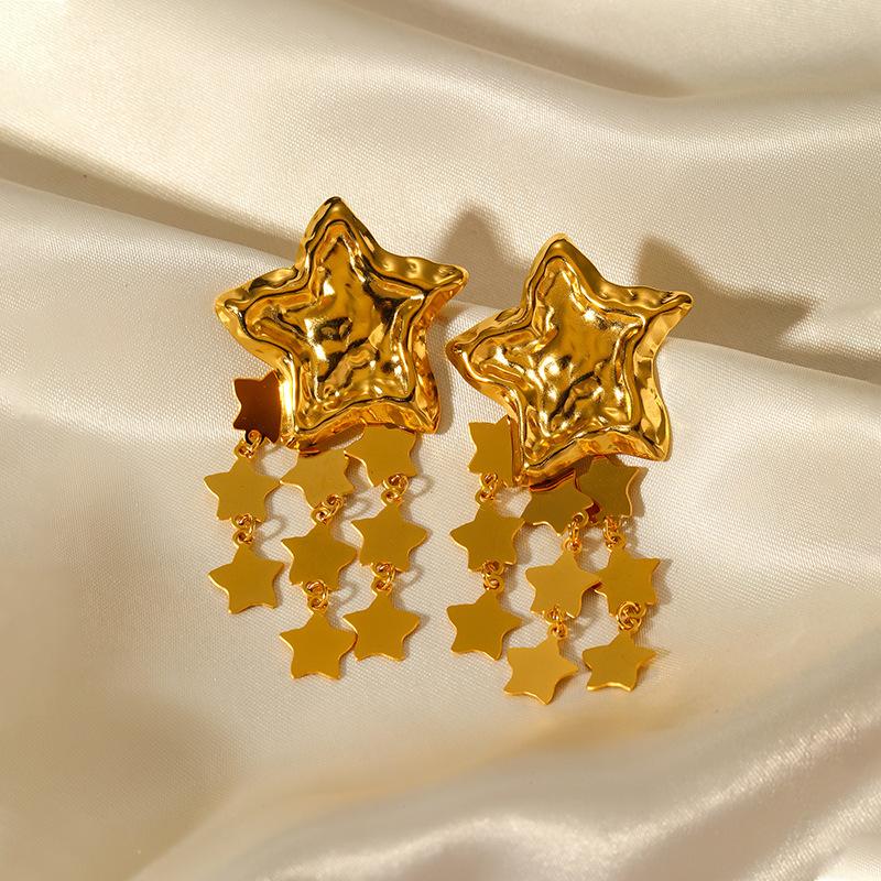 Knockout Pattern Pentagram Star Tassel Earrings Female Personality Fashion 18K Gold Stainless Steel Earrings