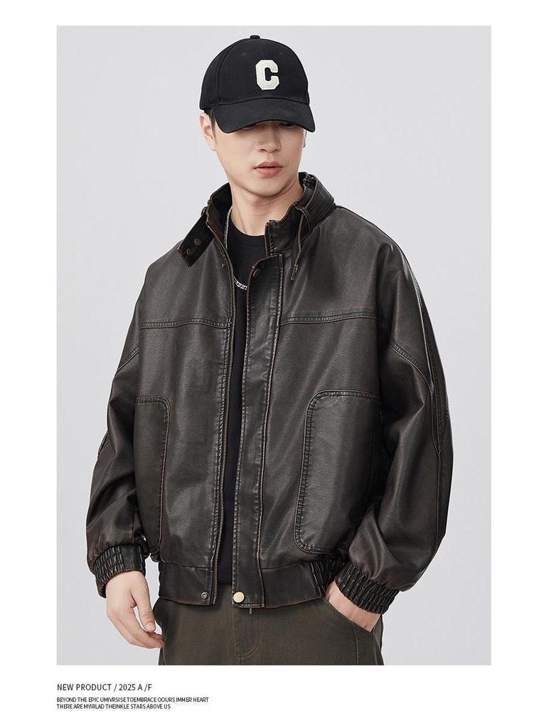 Men's Retro Cool PU Leather Bomber Jacket with Buckle Stand Collar