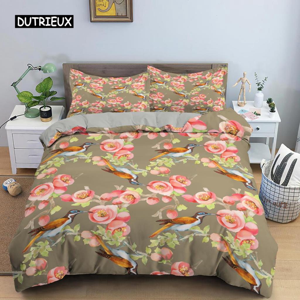 Flower Duvet Cover Set King Size Pink Flowers Green Leaves Pattern Quilt Cover for Teen Girl Microfiber Floral Theme Quilt Cover