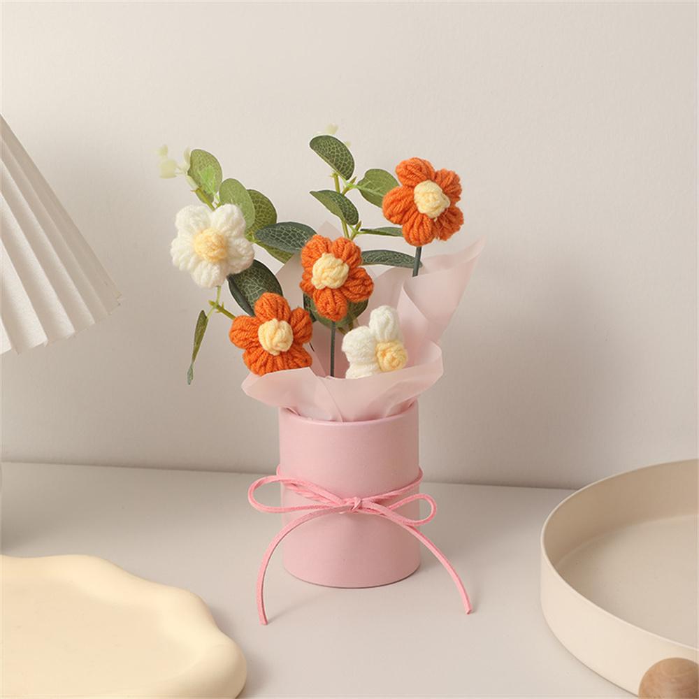 Artificial Flower Rose Vase Decor Crochet Knitted Wool Sunflower Handmade Woven Finished Bouquet Birthday Valentine's Day Gifts