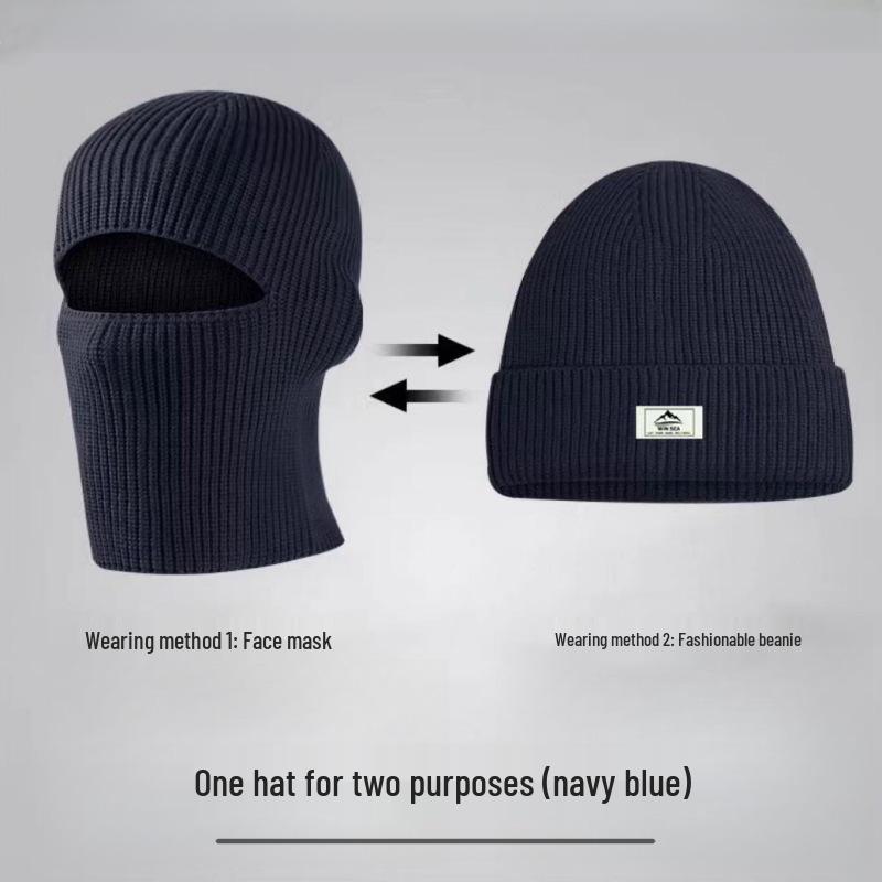 

Мужская вязаная шапка из шкуры зимней дыни, двойного назначения: Теплая шапка и маска для защиты лица для велоспорта на открытом воздухе, шерсть, защищающая от холода. One Size темно-синий