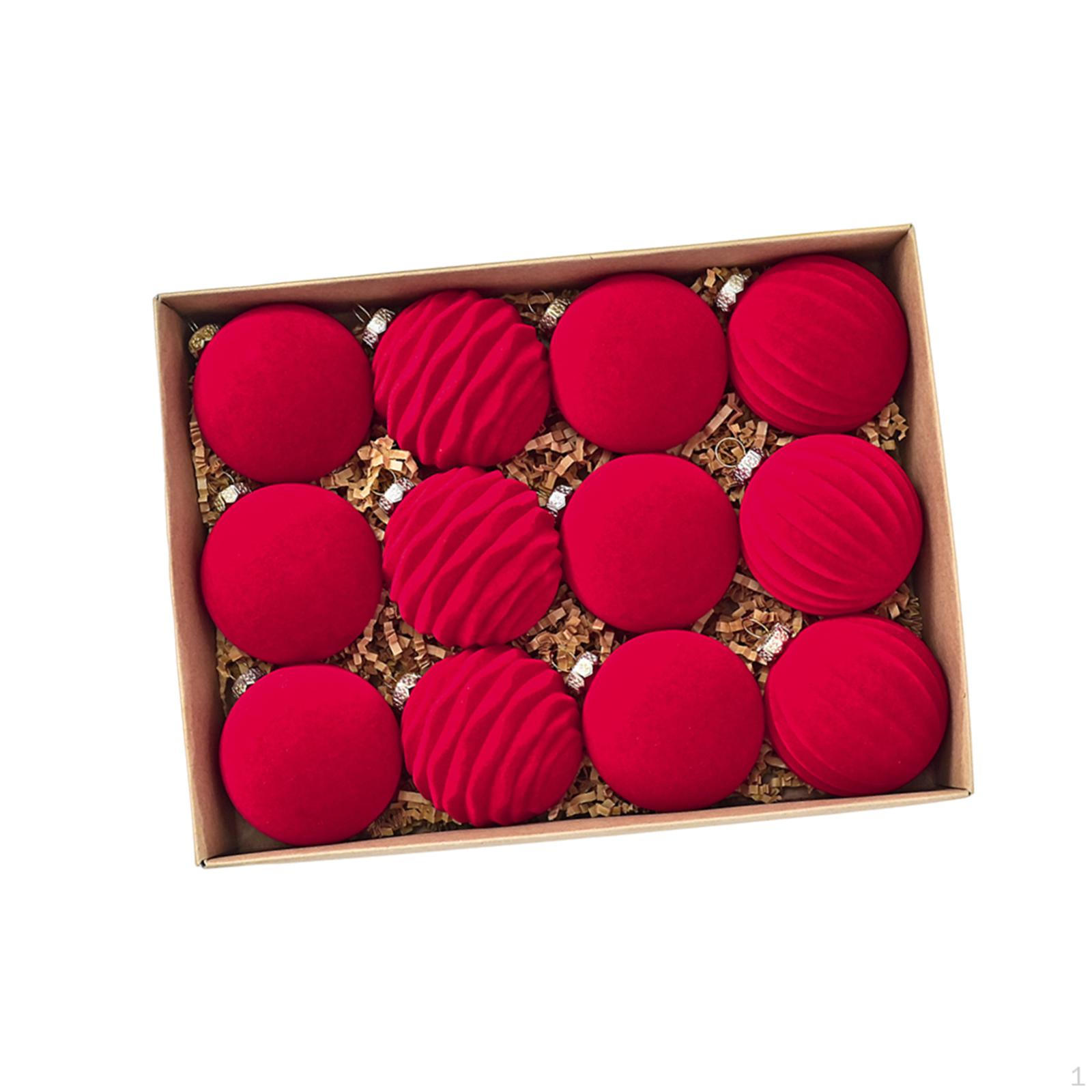 

12 Flocked Christmas Baubles, Tree Decorations, Pendants червоний