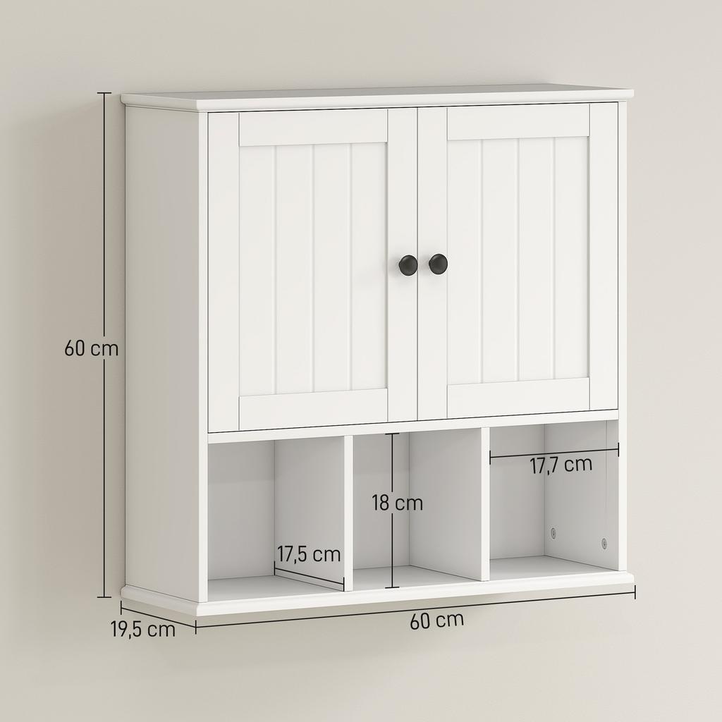 Wall-mounted bathroom cabinet, storage furniture with 2 doors, adjustable shelf and open compartments, white