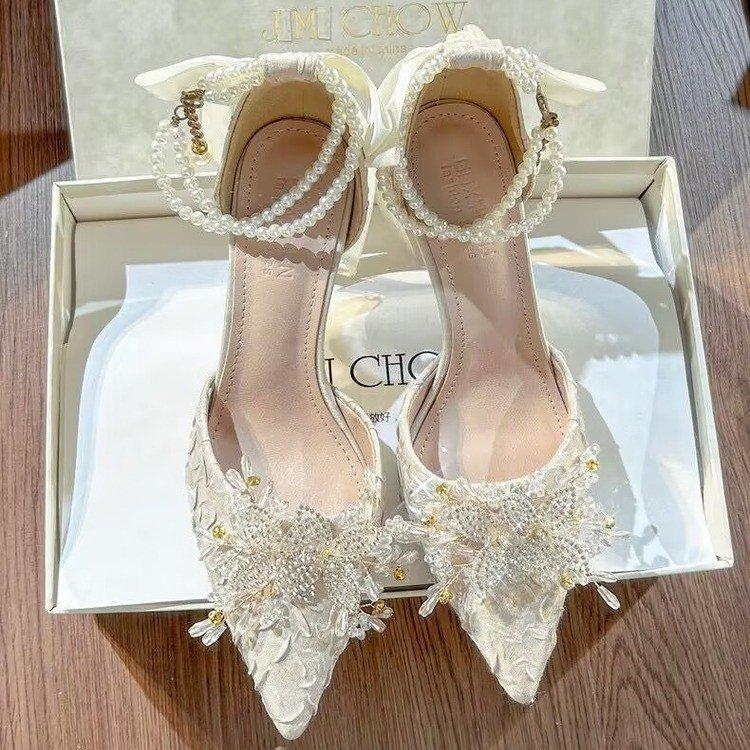 2025 New Bag Head Hollow Sandals Women's New Lace Pearl High Heels Shallow Mouth Pointed Thick Heel Single Shoes