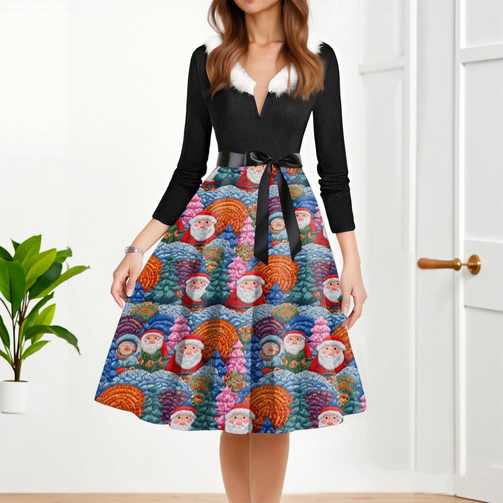 Women's Fashion Round Casual Slim Fit Christmas Print Large Swing Long Sleeve Dress