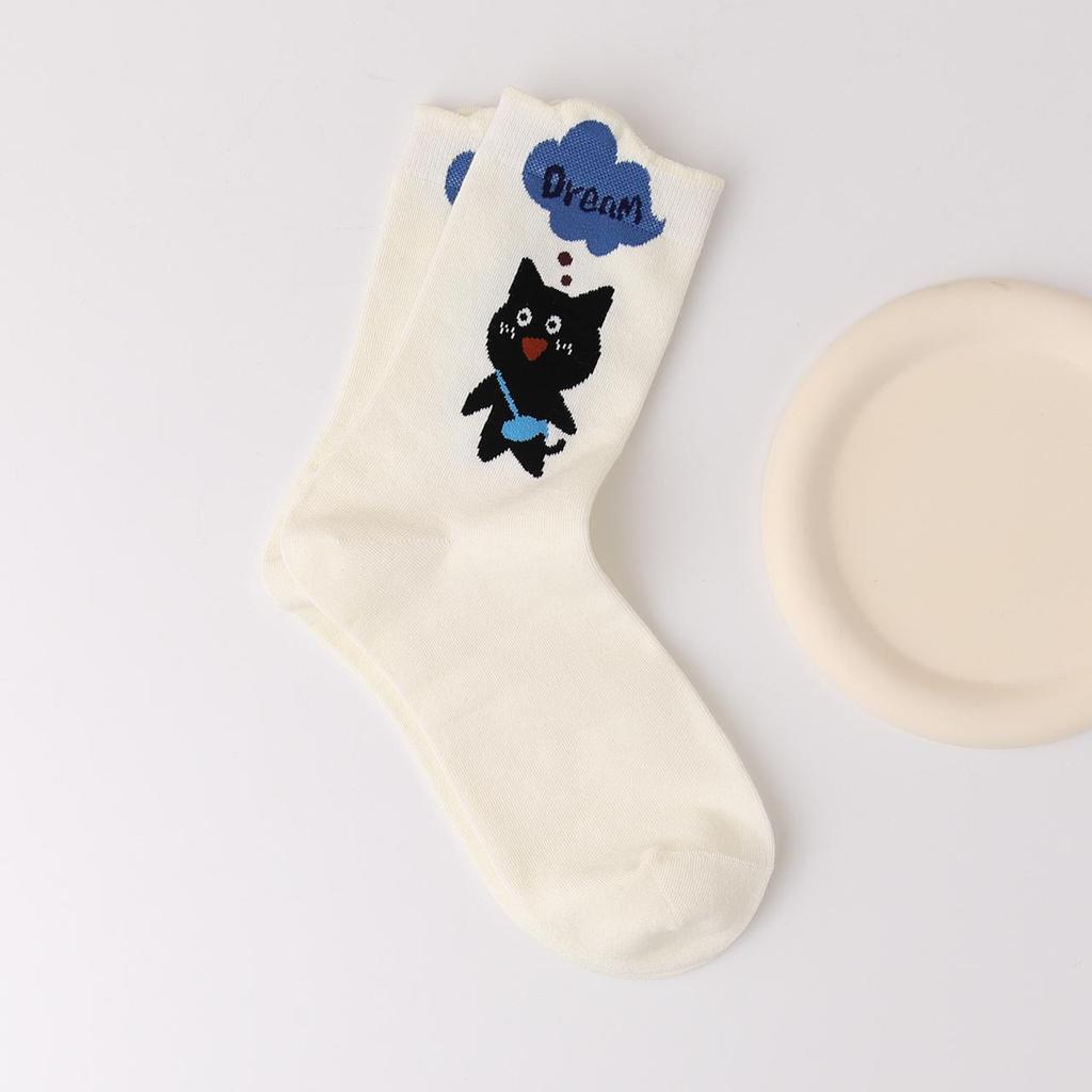 Cute Cartoon Cat Print Mid-tube Socks For Women Spring Autumn Knitted Sweat Absorb Sock Female Ins Korean Harajuku Long Socks