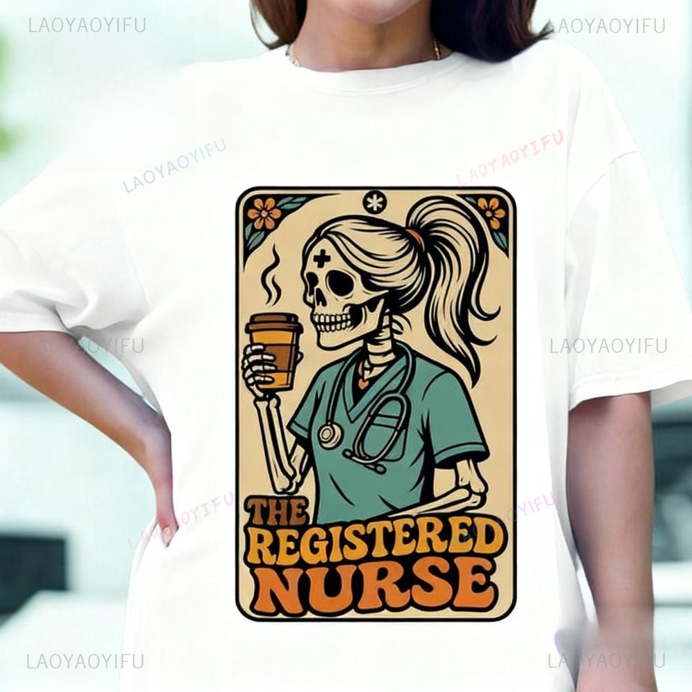 Retro Registered Nurse Shirt Skeleton Coffee Tee Tarot Card Nurse Gift Funny Appreciation Graduation Gift Tshirt Women Casual T S