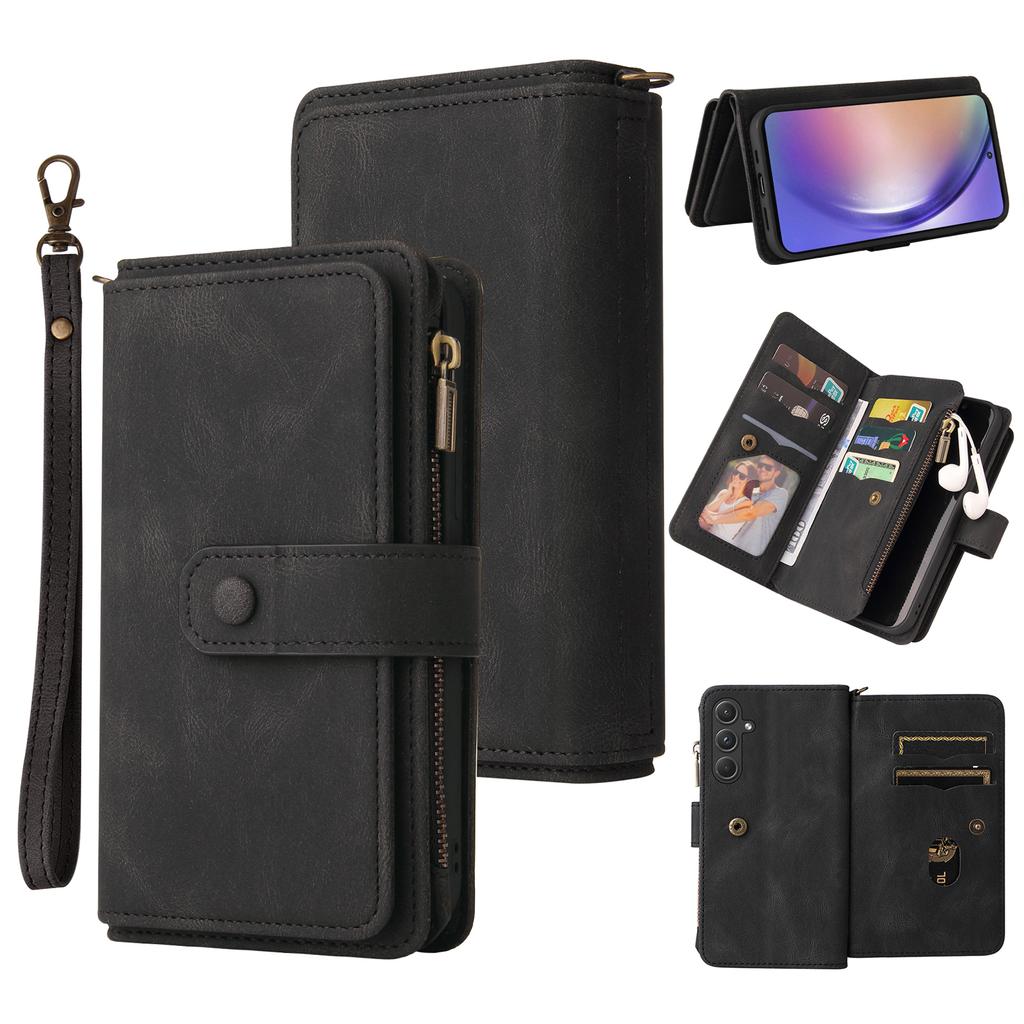 Husă portofel cu fermoar pentru Samsung Galaxy A55 5G cu 15 sloturi pentru carduri și curea, husă de telefon din piele