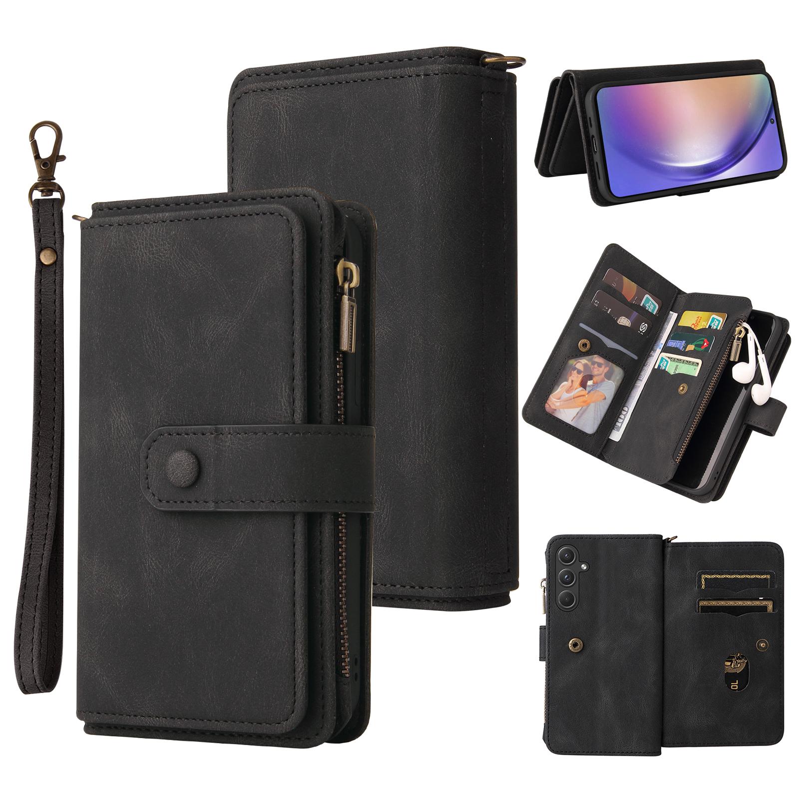 

Чехол-кошелек на молнии для Samsung Galaxy A55 5G с 15 отделениями для карт и ремешком, кожаный чехол для телефона Black
