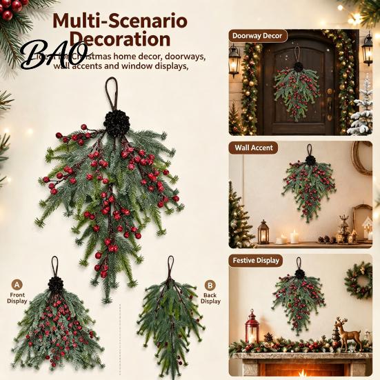 Artificial Winter Wreath Upside Down Christmas Tree Hanging Decor, Pinecone Berry with Flocked Rustic Holiday Home Decor Snow Tips, Wall Door Ornament