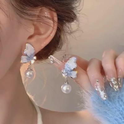 2024 Gradient Crystal Butterfly Pearl Earrings: Light Luxury High-End Korean Style for Women