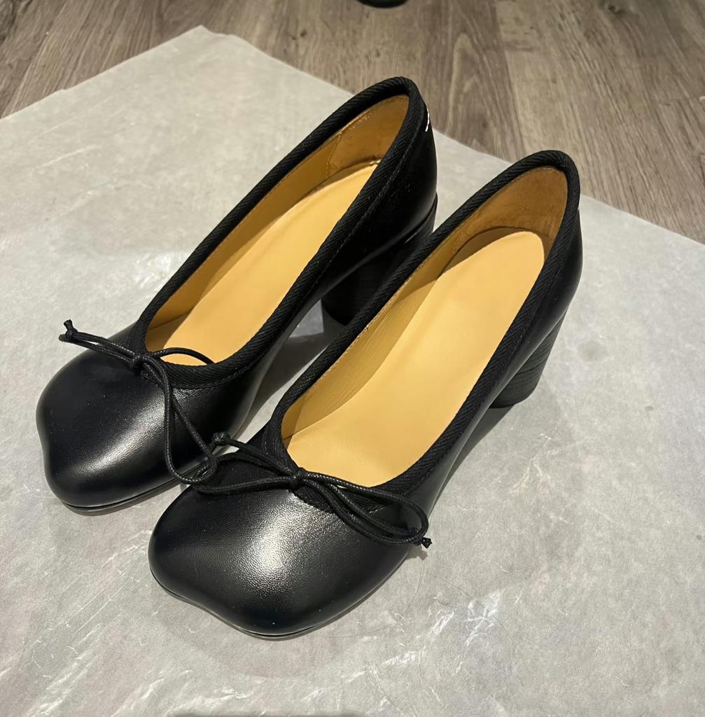 Mm6 Same Apple Head Light Mouth Single Shoes Ballet Mary Jane Round Heel High Heels Women'S Thick Heel