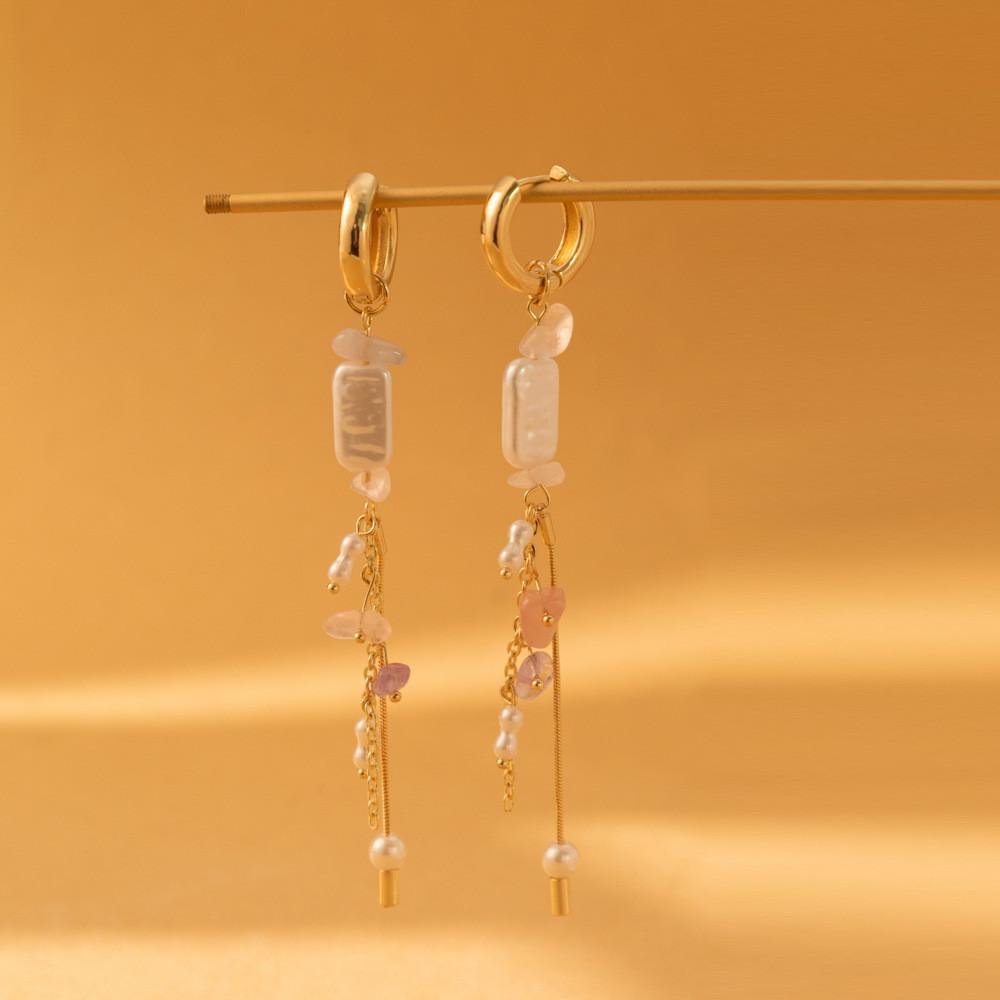 Street Fashionable Style Earrings With Natural Stone Asymmetrical Design And Pearl Imitation