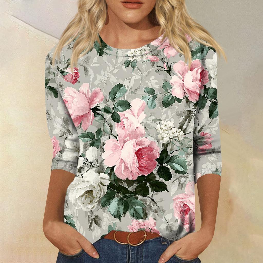 Women Casual Round Neck Three Quarter Sleeve Floral Print T Shirt Top Lightweight Soft Fabric Comfortable Fit Spring Summer Wear