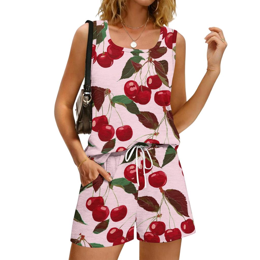 Women Sleeveless Tank Top and Shorts Set Floral Print Summer Casual Square Neck Pocketed Lounge Outfit Lightweight Soft Fabric