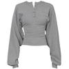 Damen Grau Retro Henley Großärmel Schlankmachendes Oberteil
