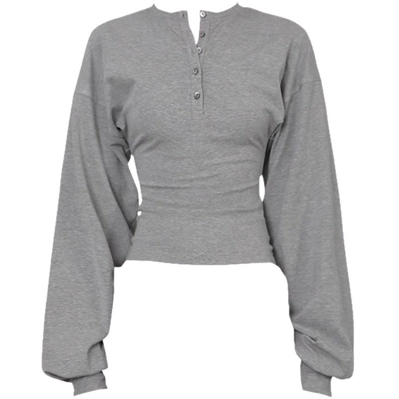 Damen Grau Retro Henley Großärmel Schlankmachendes Oberteil