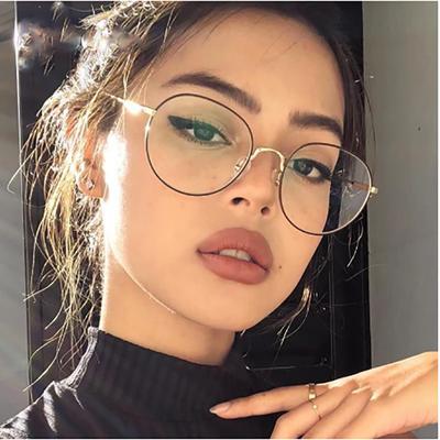Montura de gafas redonda Retro clásica para mujer, lentes redondas, óptica plana para miopía, montura de gafas de Metal Simple Uv400