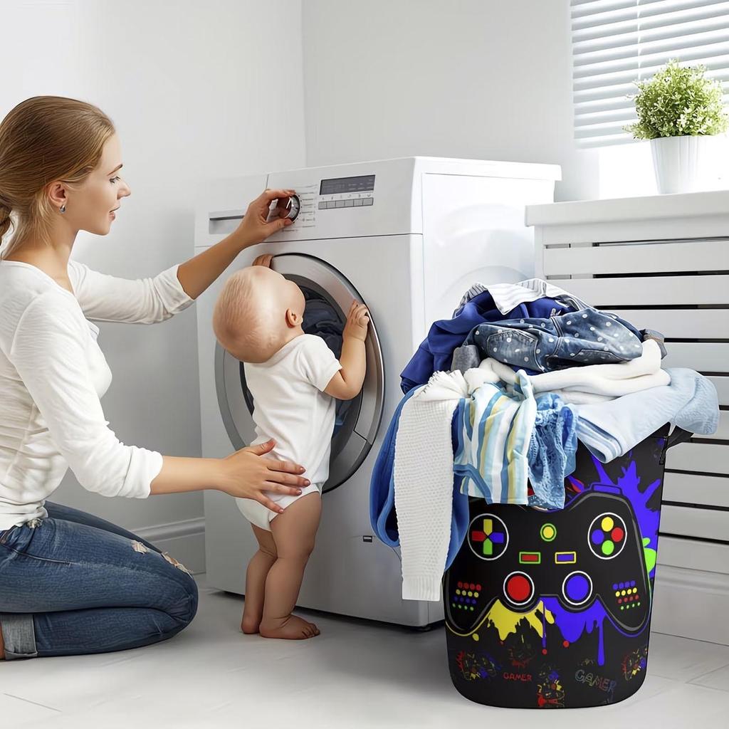Colorful Game Controller Print Laundry Basket with Handles - Bathroom & Household Clothes Storage