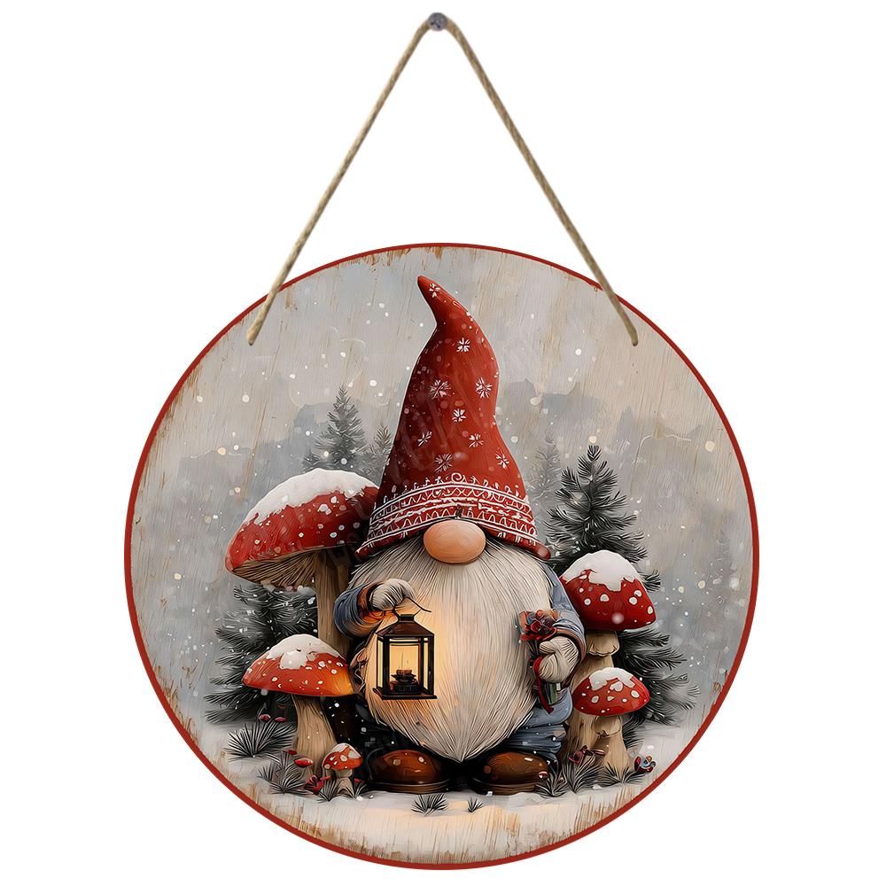 Winter forest gnome with lantern print Round Wooden Hanging Plaque rustic cottagecore wall decor front door sign christmas home holiday ornament