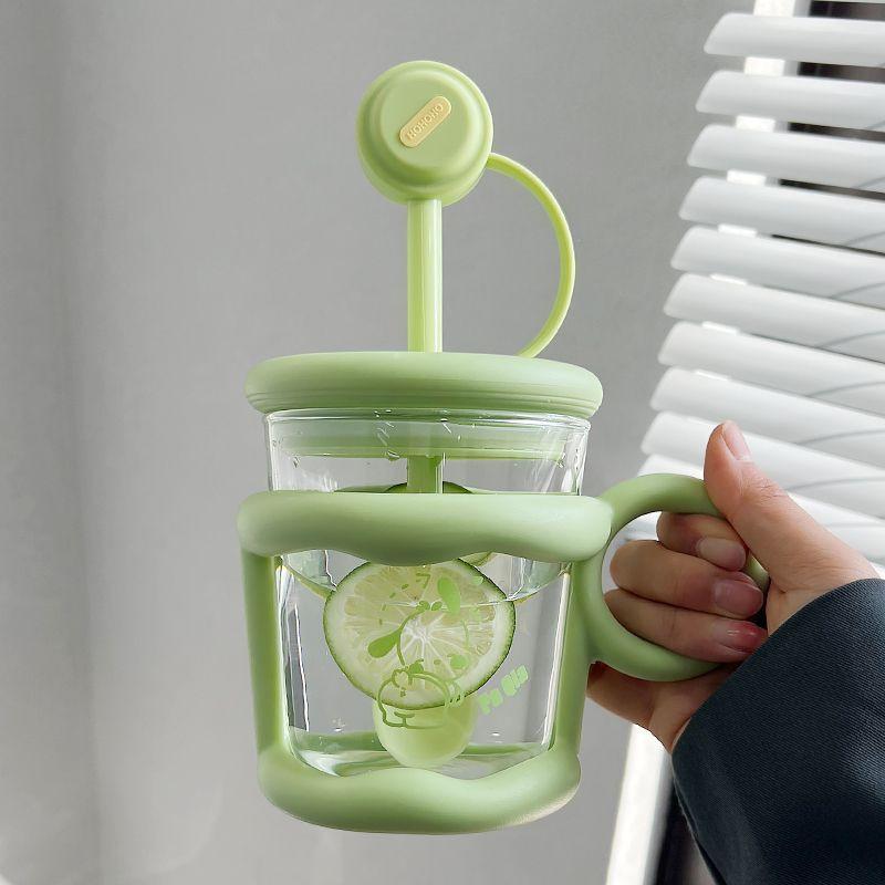

450 мл мультяшная милая стеклянная бутылка для воды с соломенным ситечком для чая креативная простая чашка для воды для напитков для девочек офисные кофейные кружки With 3D Stickers