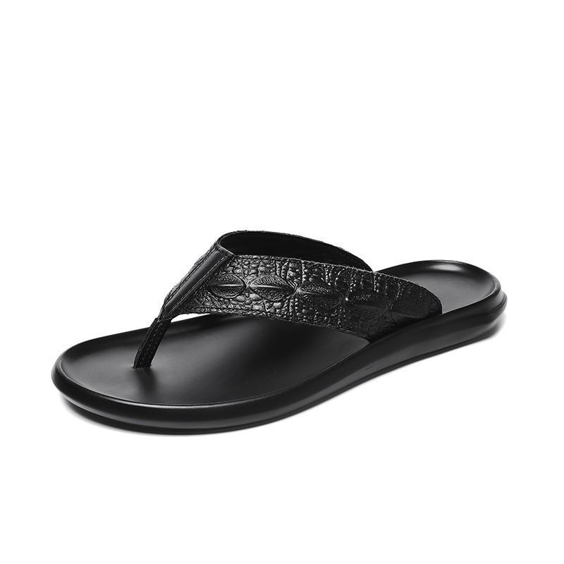 Men's Genuine Leather Toe Post Flip-Flops: Casual Embossed Summer Sandals