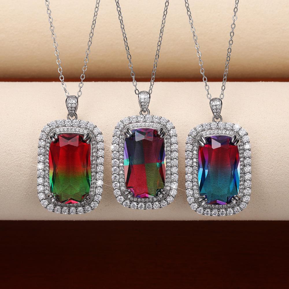 Silver Plated Emerald Cut Gradient CZ Pendant Necklace, Double Halo Cable Chain Necklace for Women