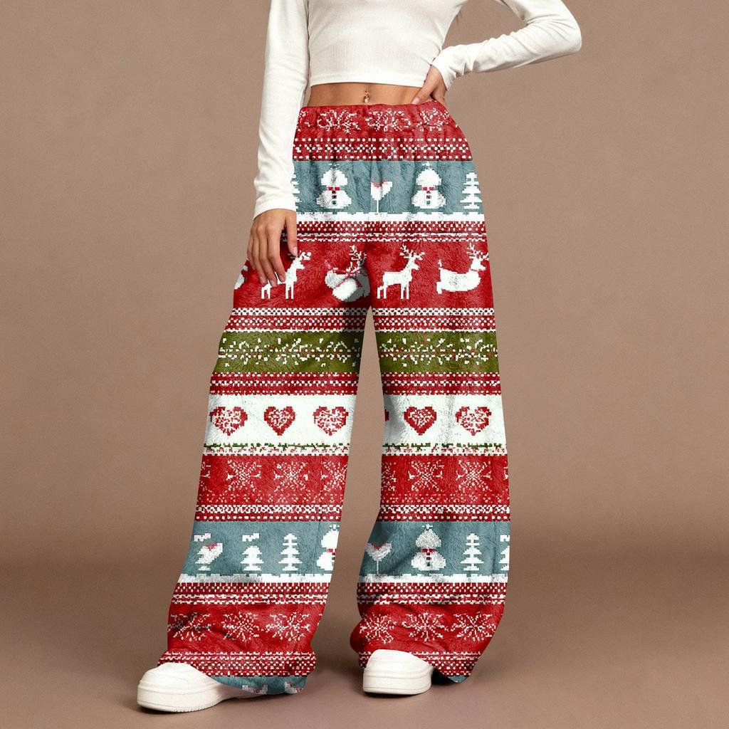 Women's Casual Fashion Christmas Print Elastic Waist Loose Plush Wide Leg Pants