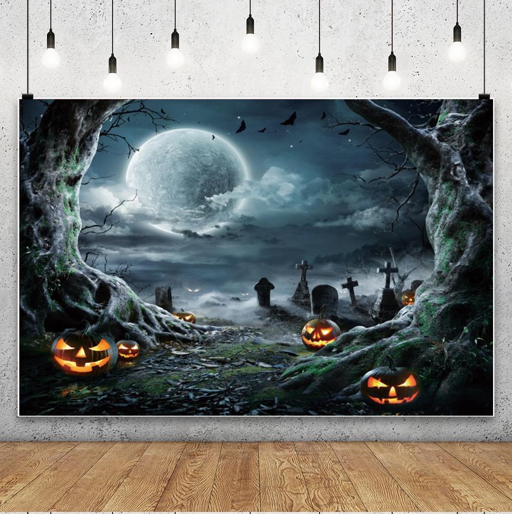 Happy Halloween Skeletons Photography Backdrop Spooky Forest Moonlit Pumpkin Lantern Party Decor Photo Studio Props Background