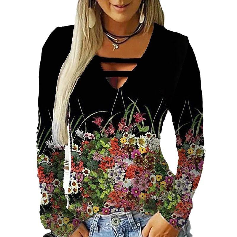 QICED Spring Women's Positioning Print Personality Double Strip V-neck Long Sleeve T-shirt