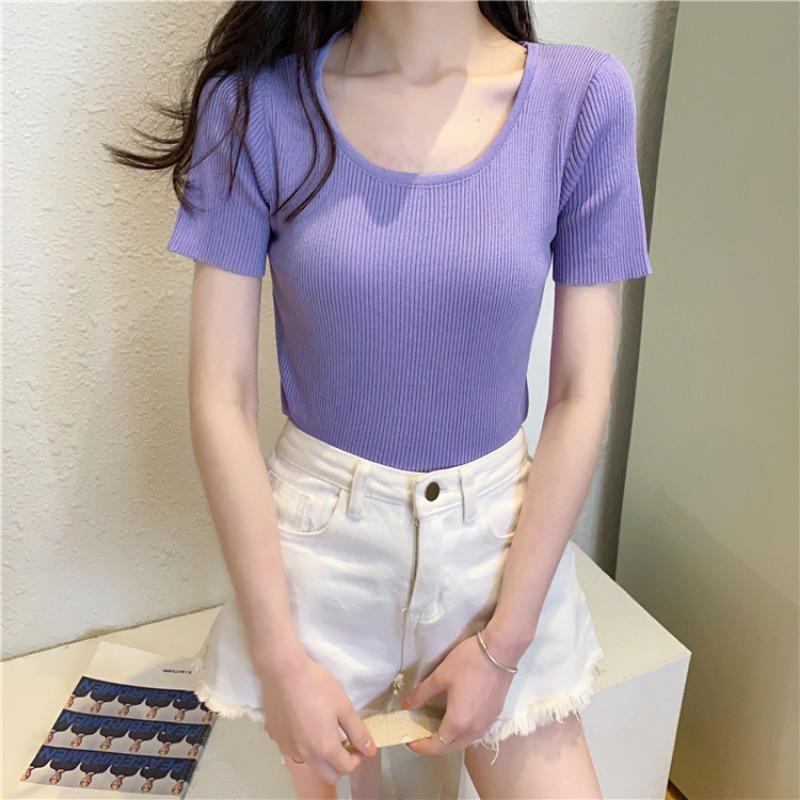 New Summer Round Neck Knitted Short Sleeve T-shirt Women Slim Fit Elastic Solid Casual Women's T Shirts Tops Fashion Elegant Simple Female Tee 26319