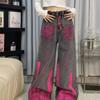 American vibe retro pink graffiti premium gray jeans men's high street loose straight wide-leg floor pants trendy brand