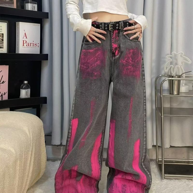 American vibe retro pink graffiti premium gray jeans men's high street loose straight wide-leg floor pants trendy brand