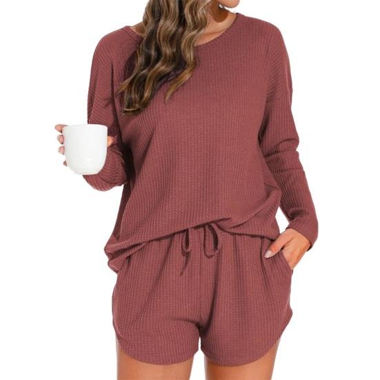 Damen Waffelstrick Pyjama Set Lässiges Langarm Oberteil und Shorts Nachtwäsche 2-teiliges Pjs Lounge Set mit Taschen