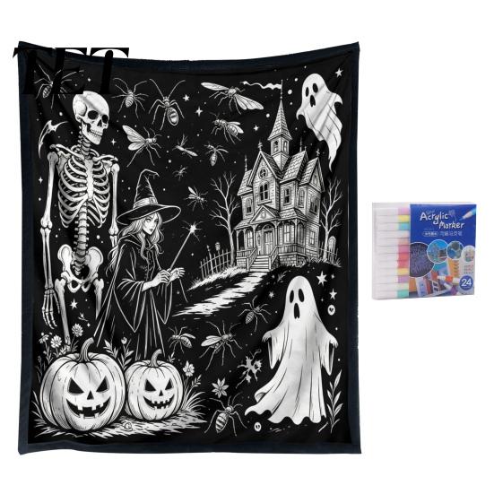 Cozy Warm Throw for Sofa Halloween DIY Coloring Blanket with 24 Markers, Washable Blanket, Color Art Therapy Relaxation Your Own Spooky Pattern