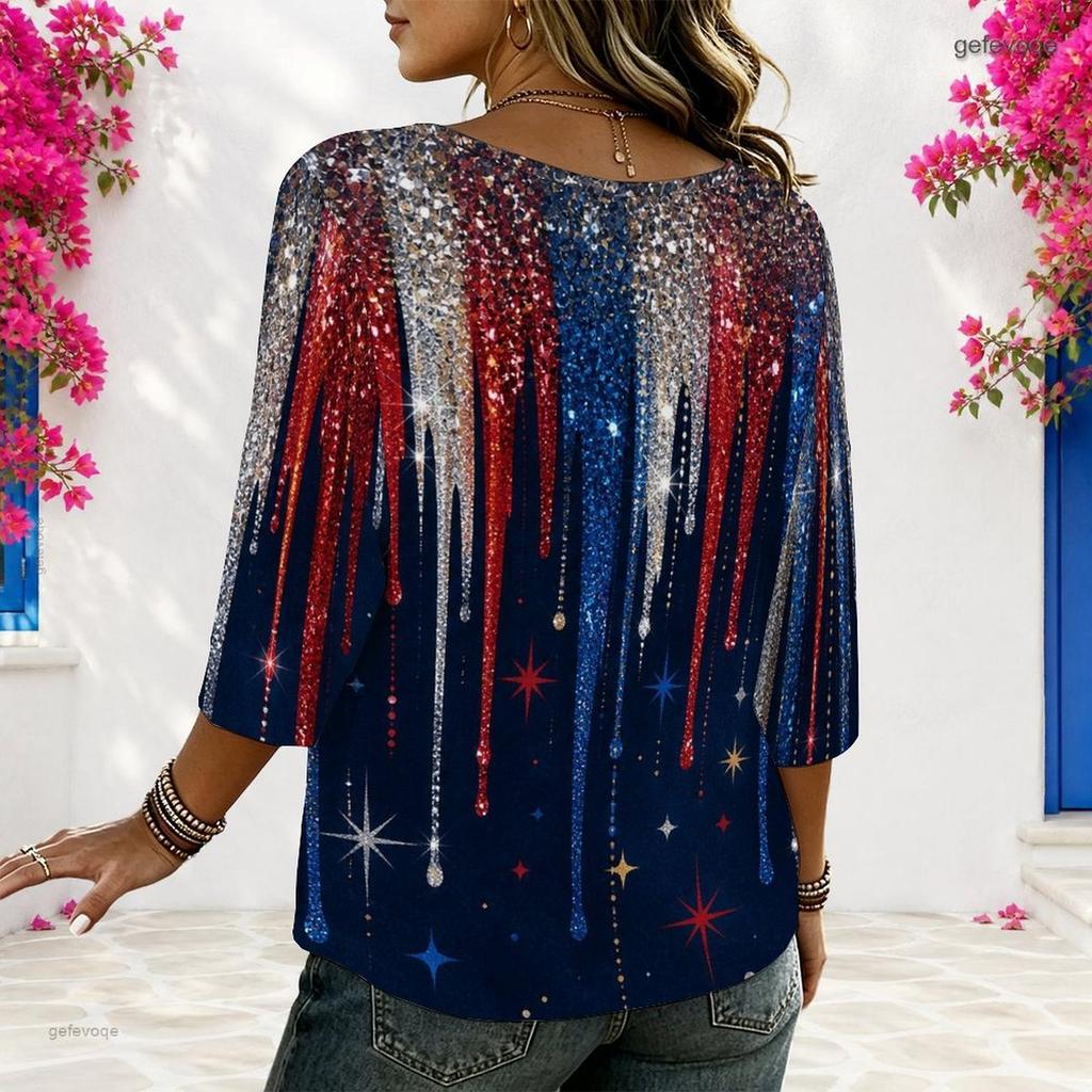 Women Plus Size Round Neck Half Sleeve Red White Blue Printed Loose Curved Hem Blouse