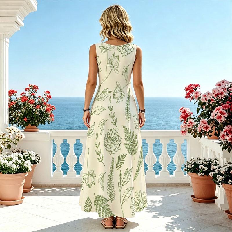 Womens Sleeveless Fresh Plant Print Maxi Dress Lightweight Loose Fit Summer Beach Vacation Elegant Stylish Casual Dress