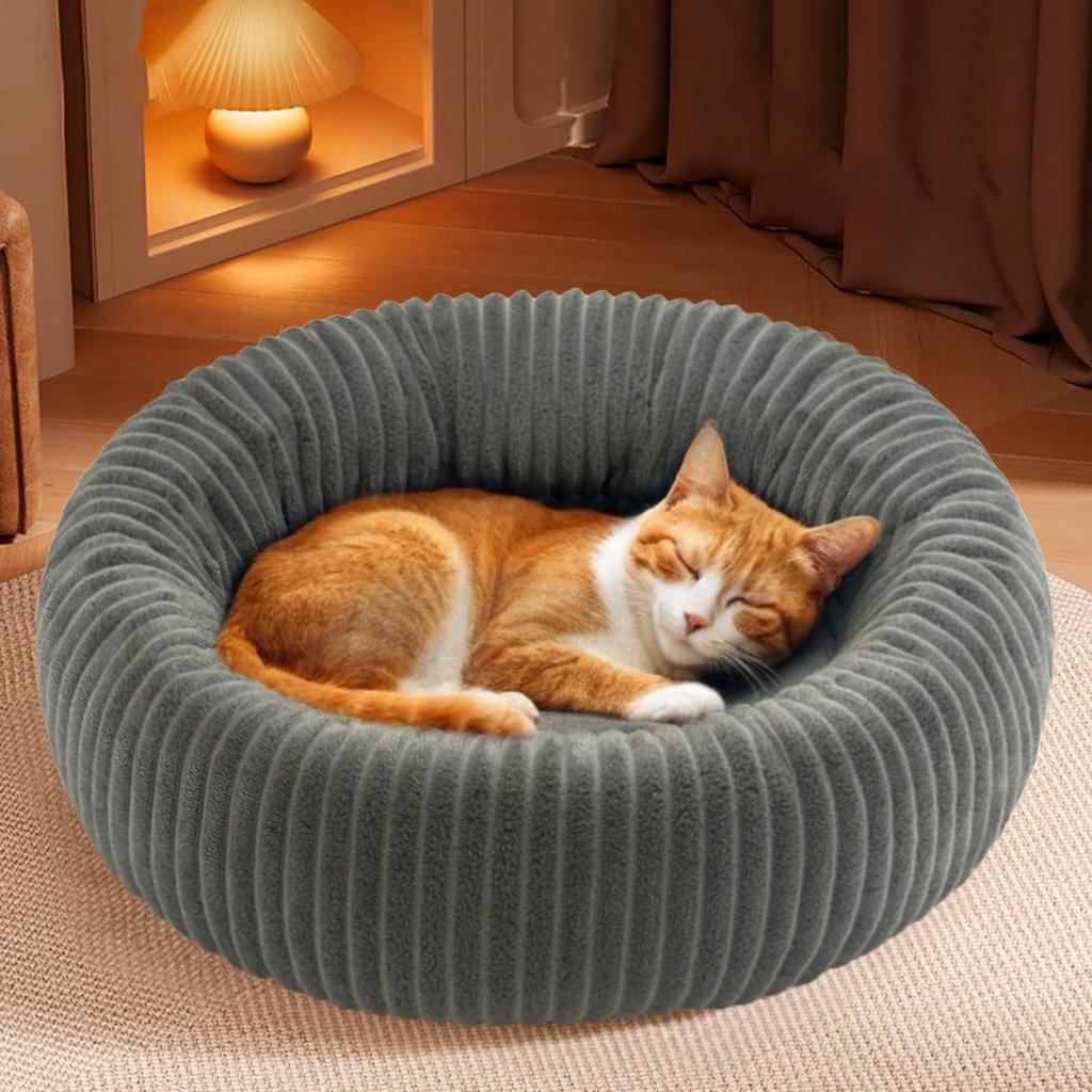 Warm Ribbed Flannel Round Dog Bed & Mat for Small-Medium Dogs