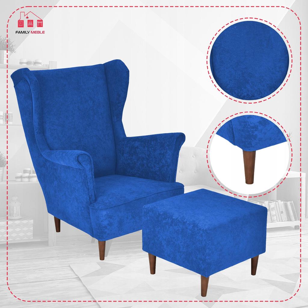 Fotel uszak MAX z podnóżkiem skandynawski Family Meble niebieski chabr
