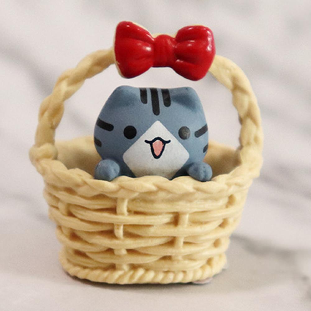 Cute Basket Cat Ornament Miniature Kitten Figurines Statue for Kids Children Baby Birthday Gift Room Garden Car Home Decoration