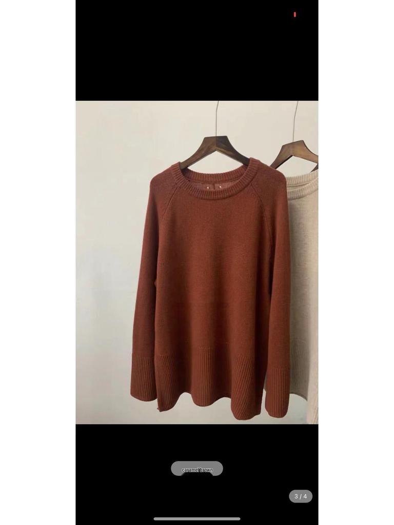 Women's Mid-Length 100% Pure Wool Sweater - Loose Fit, Slit Design, Lazy Style for Autumn and Winter.